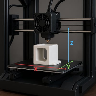 3D printed part highlighting the x, y and z axes