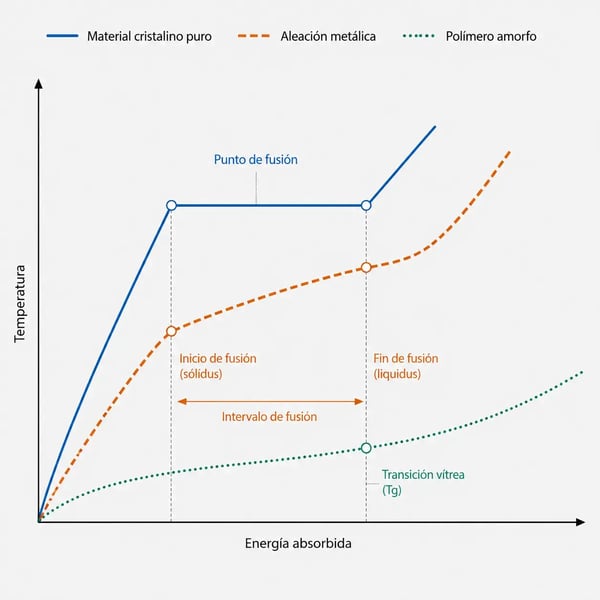 Diagrama comparativo del punto de fusión de aleaciones, materiales cristalinos puros y polímeros amorfos
