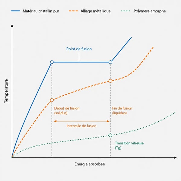 Diagramme comparatif du point de fusion des alliages, des matériaux cristallins purs et des polymères amorphes