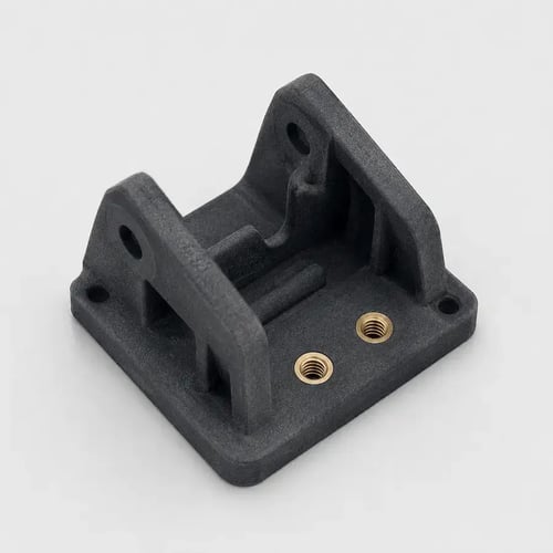 Componente MJF con insertos roscados M3 y M4 instalados para el montaje con tornillos