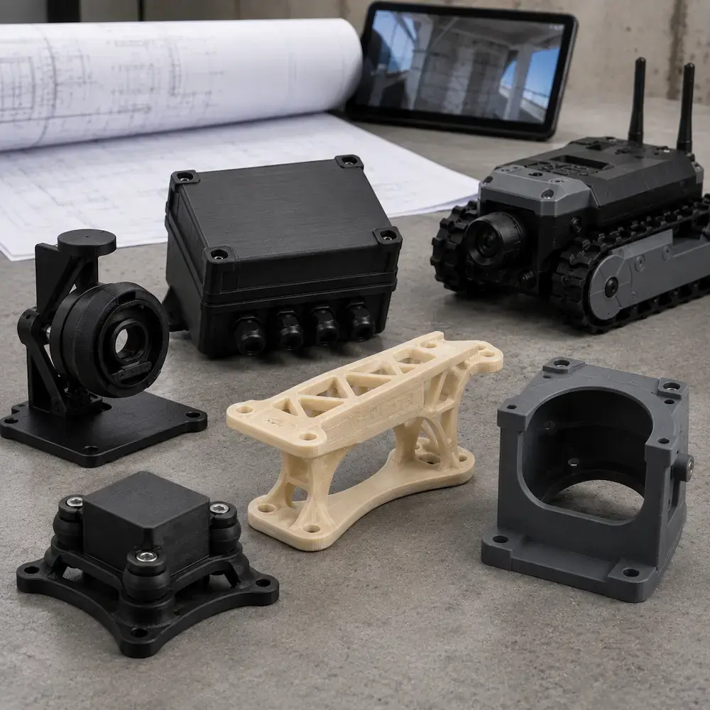3D-printed components for civilian inspection systems: sensor mounts, housings, drone fairings