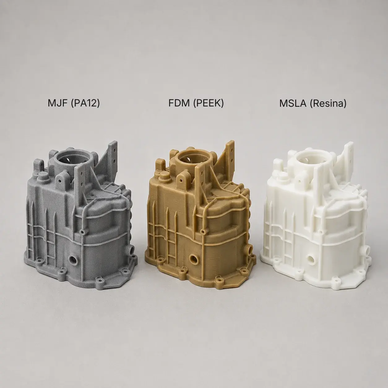 Comparación entre las tecnologías de impresión 3D MJF, FDM y resina MSLA en un mismo componente