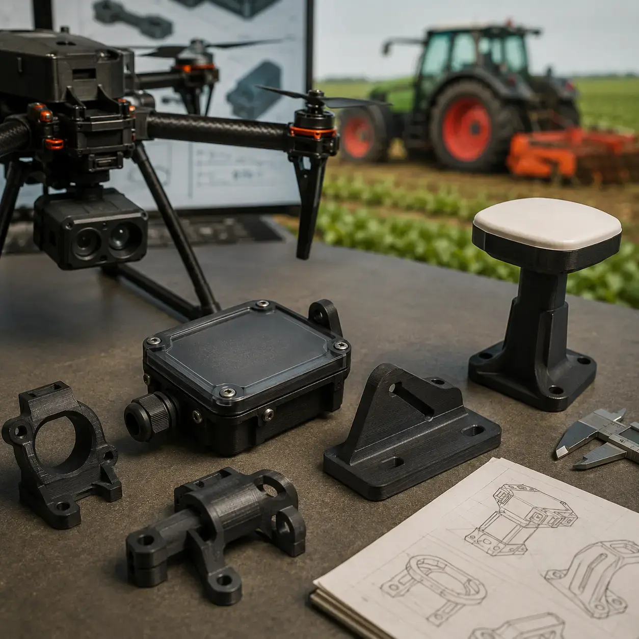 Componentes agritech impresos en 3D: soportes para sensores, carcasas para dispositivos IoT y piezas para drones agrícolas