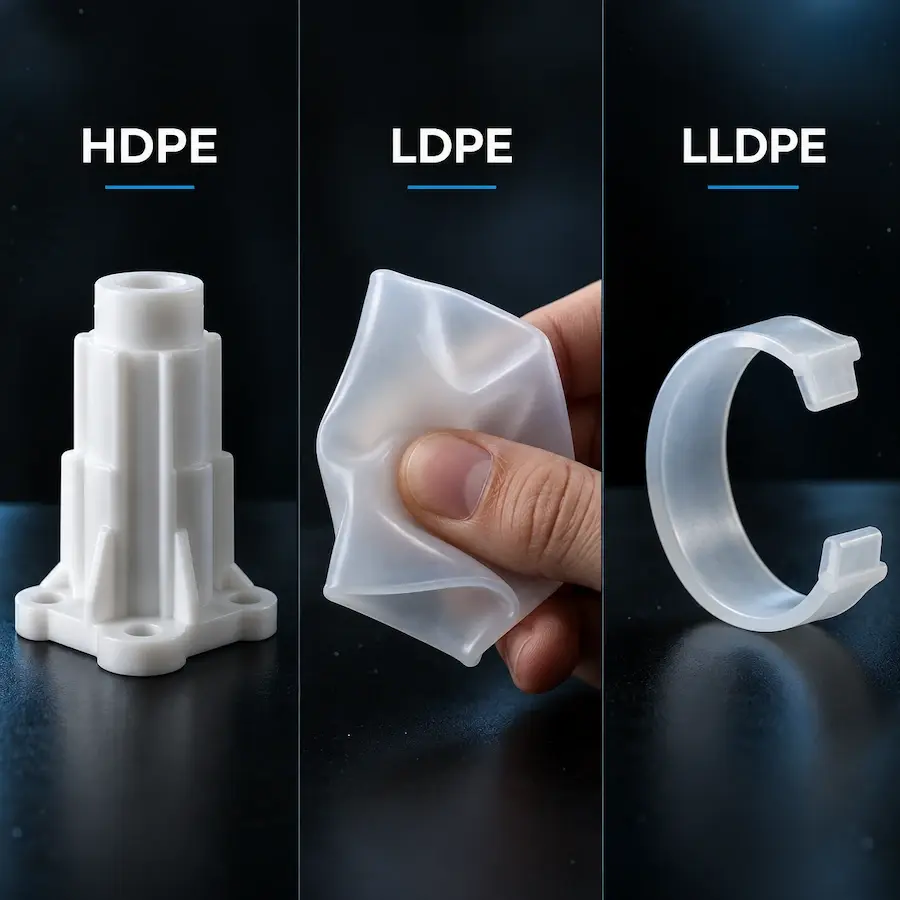 Vergleich zwischen HDPE, LDPE und LLDPE anhand realistischer Muster, die die unterschiedlichen Eigenschaften hinsichtlich Steifigkeit und Flexibilität der drei Werkstoffe verdeutlichen.