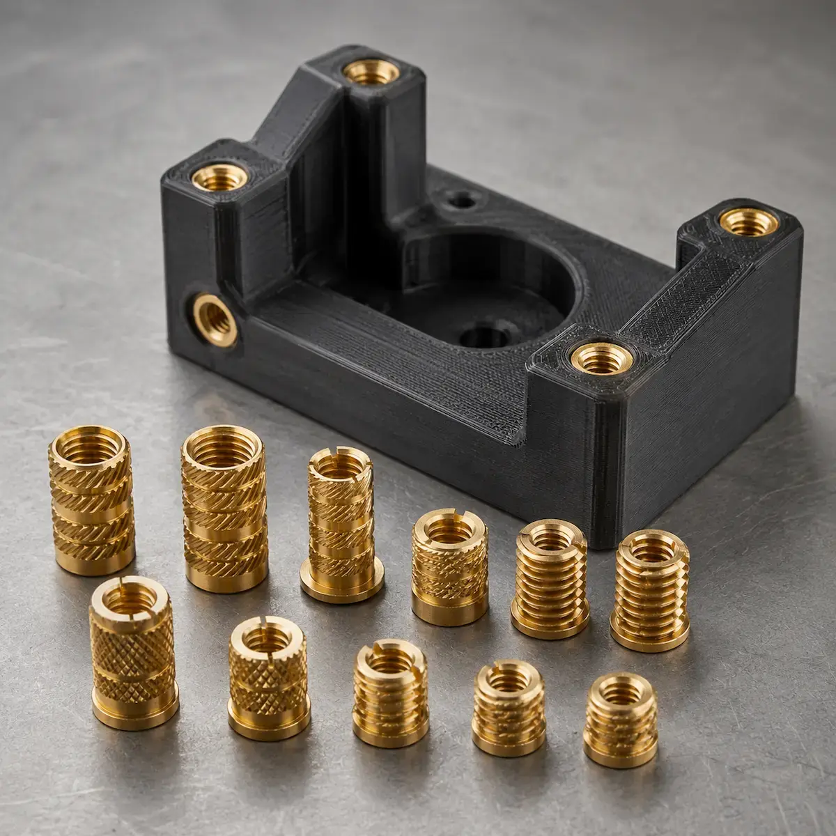 Inserti filettati in ottone per stampa 3D installati in componente MJF